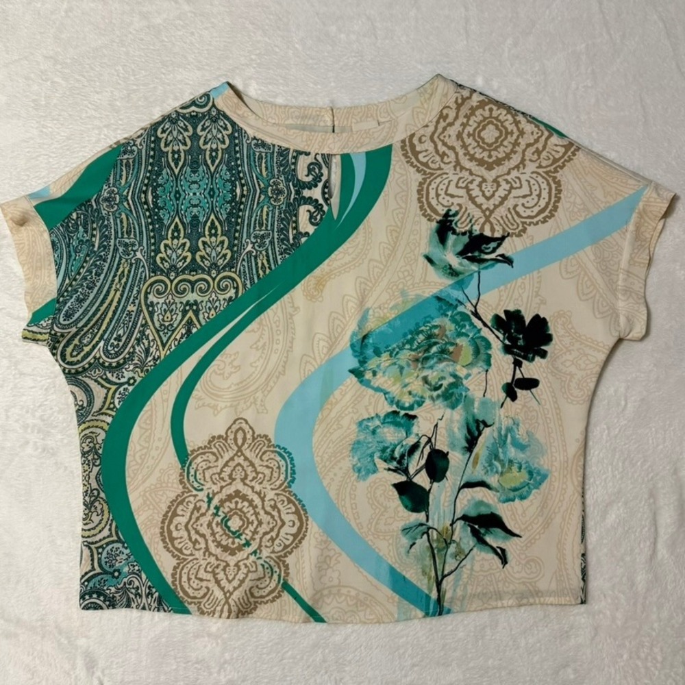 Chico's Blouse Women 1 Teal Cream Floral Paisley Short Sleeve Keyhole Boxy Top